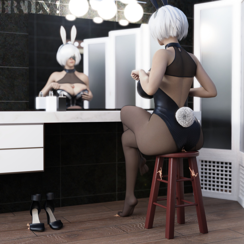 1girls 3d ass bar_stool big_ass big_breasts blindfold bradengts breasts bunny_ears female giantess huge_ass huge_breasts micro nier nier:_automata shrunk shrunken_person sitting size_difference stool thick_thighs white_hair yorha_2b