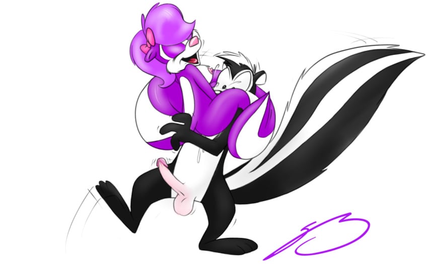 balls black_fur carrying female fifi_la_fume fur furry_ears furry_tail looney_tunes male mammal mustelid nude on_one_foot penis pepe_le_pew purple_fur purple_hair roary skunk smooth_fur standing straight tagme tail tiny_toon_adventures white_fur