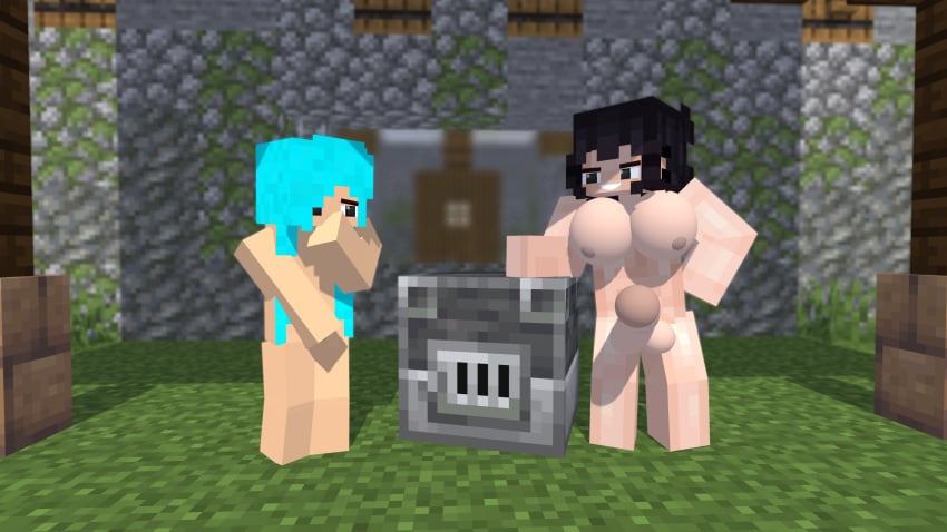 1futa 3d background dex69 female furnace futanari grass mine-imator minecraft nude_female nude_futanari older_futanari smile smiling standing worried younger_female