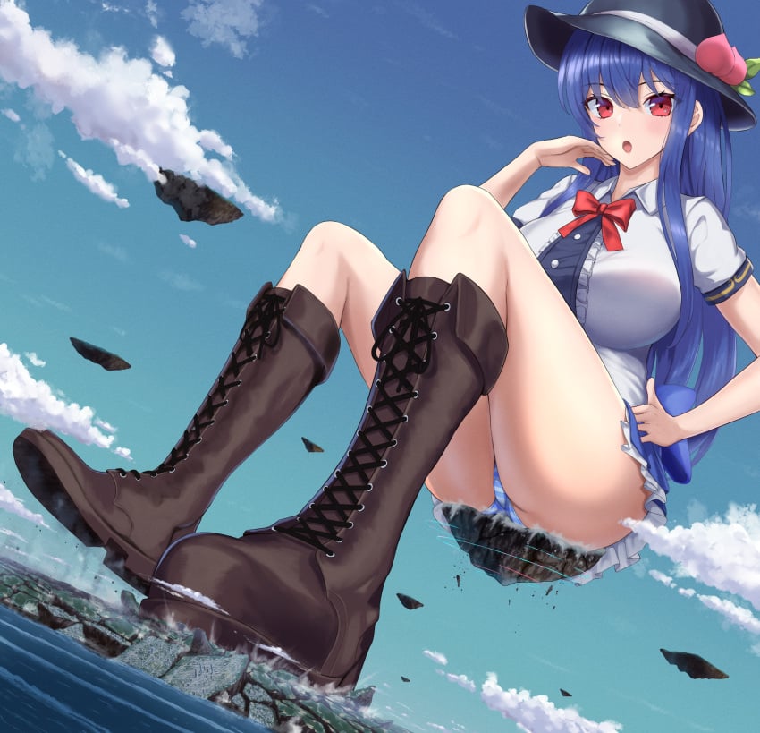 1girls blue_hair boots city destruction floating_island giantess hat huge_breasts kk528956 long_hair macro panties pantyshot red_eyes sitting striped_panties tenshi_hinanawi touhou