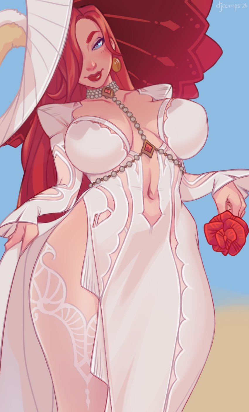 1girls 2d 2d_(artwork) afk_arena afk_journey belly_button blue_eyes breasts earrings female female_focus female_only fizzz gem hat hi_res high_resolution highres large_breasts lips long_hair looking_at_viewer mirael navel pearls red_hair rose simple_background smiling_at_viewer solo solo_female solo_focus white_dress wide_brim_hat wide_hips