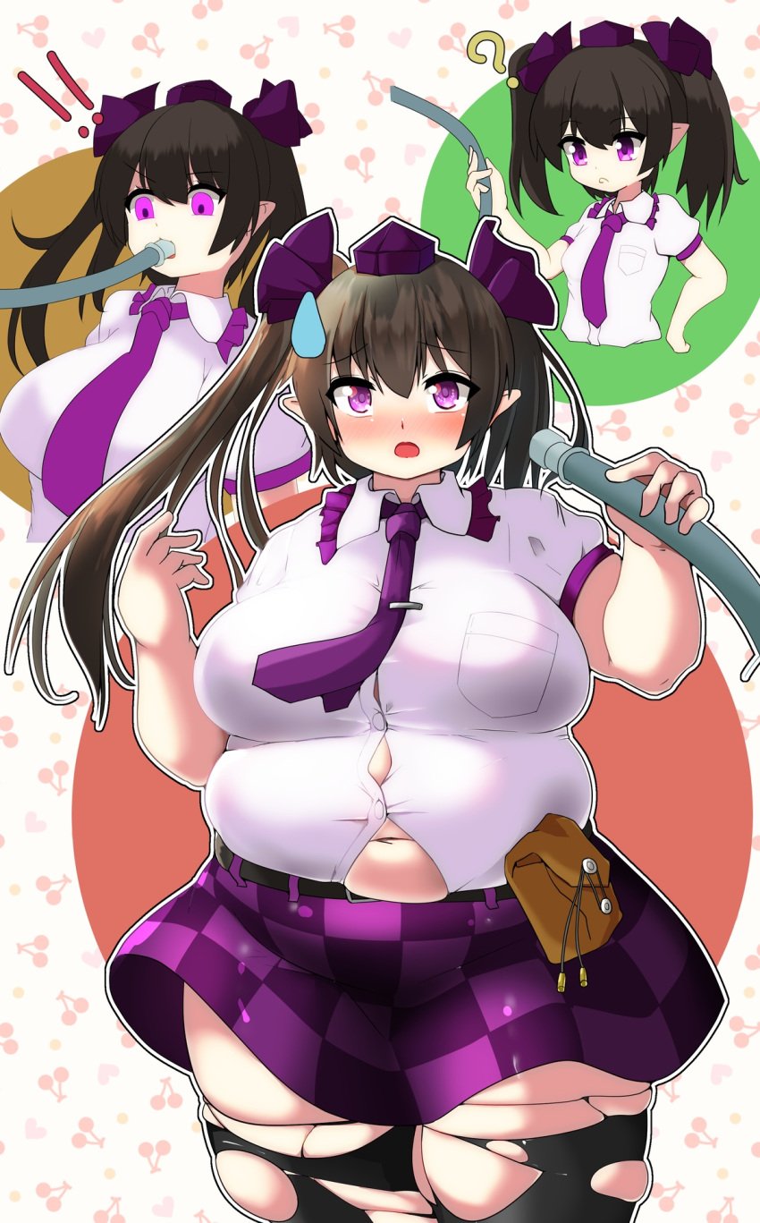 bbw belly_overhang big_belly big_female blush blush brown_hair chubby chubby_female embarrassed fat fat_ass fat_female fat_fetish fat_girl fat_woman fatty feeding feeding_tube hatate_himekaidou large_female nerizou obese obese_female overweight overweight_female pig plump pork_chop surprised sweatdrop thick_thighs tiger tight_clothes tight_clothing tight_fit touhou tubby weight_gain