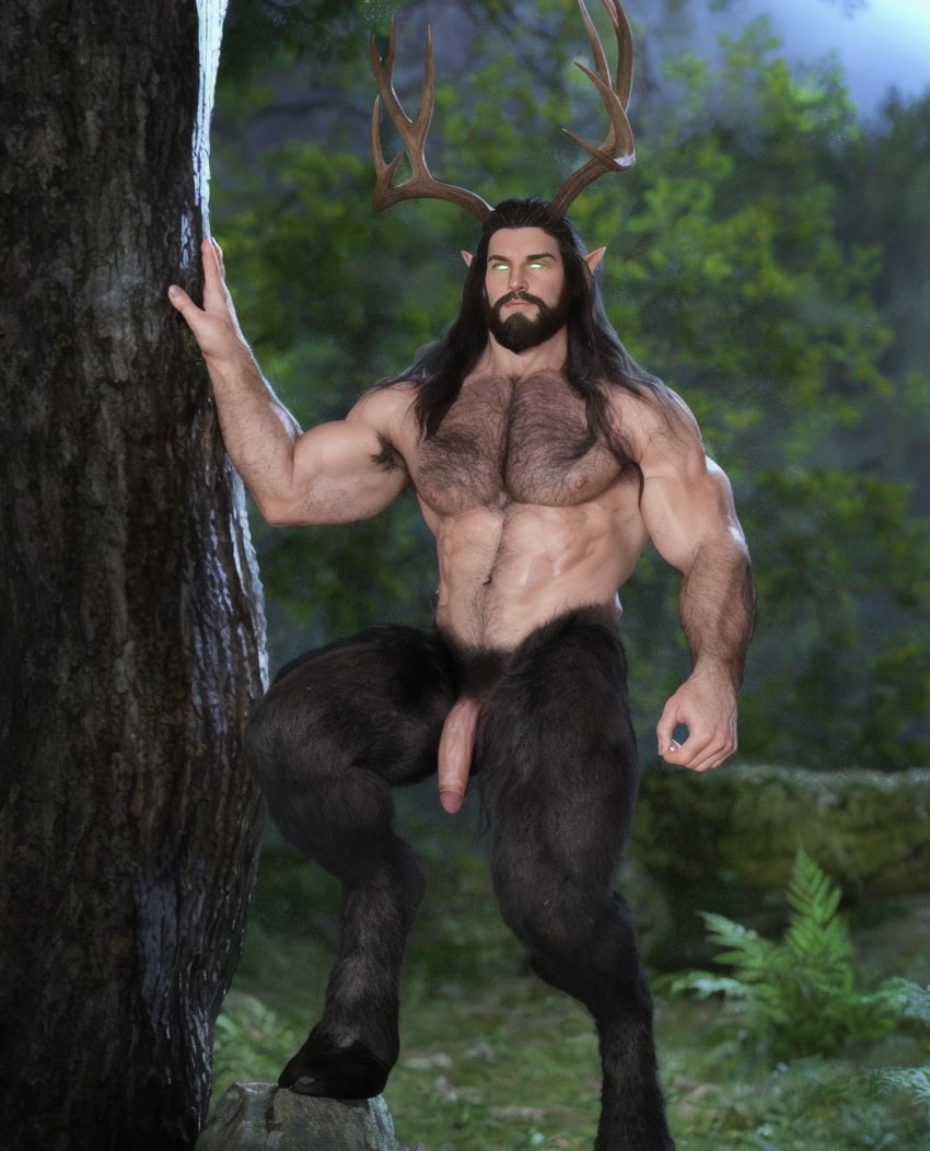 3d_(artwork) antlers armpit_hair beard body_hair celtic_mythology cernunnos chest_hair deity digital_media_(artwork) european_mythology facial_hair faun flaccid foreskin forest genitals glowing glowing_eyes hair half-erect hi_res hooves horn humanoid humanoid_genitalia humanoid_penis humanoid_pointy_ears light long_hair male male_only moonlight muscular mythology navel nipples nude pecs penis plant pubes raucousrook retracted_foreskin satyr solo tree