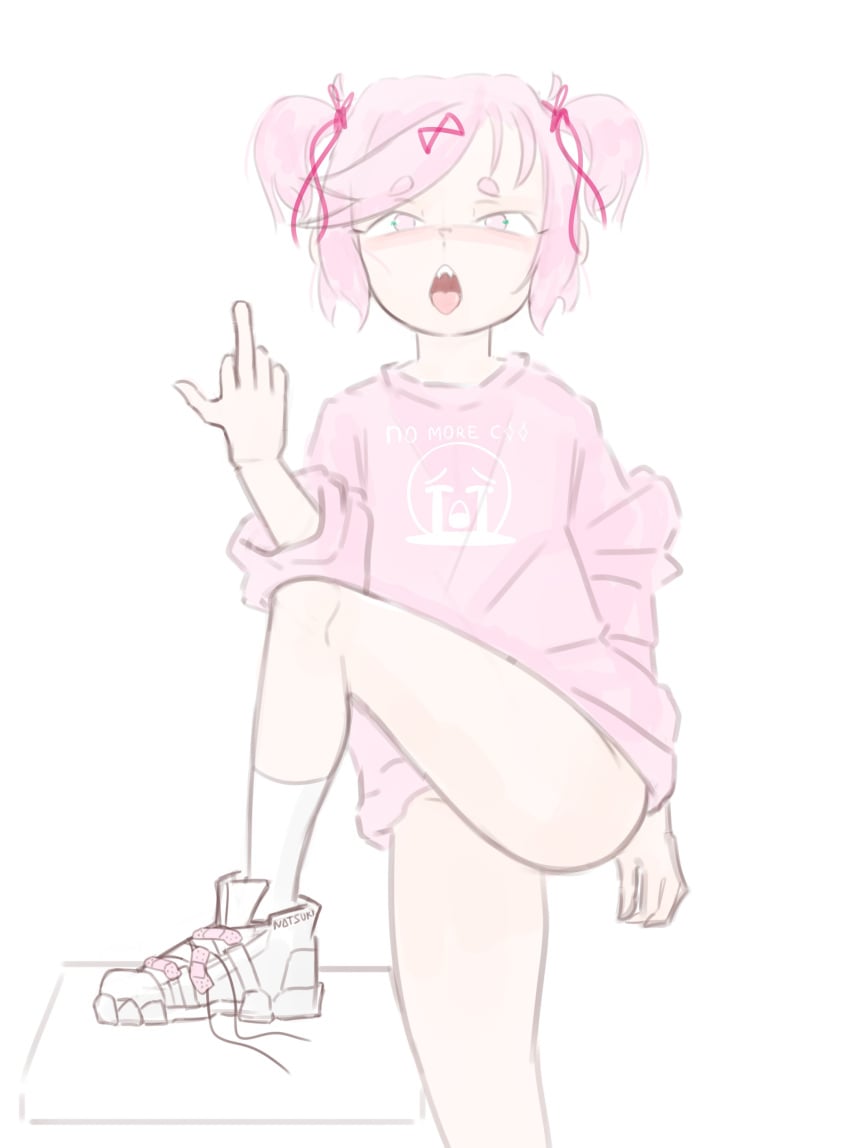 1female 1girls 5_fingers doki_doki_literature_club emiillb flipping_off flipping_viewer_off middle_finger mouth_open natsuki_(doki_doki_literature_club) open_mouth pink_eyes pink_hair tongue