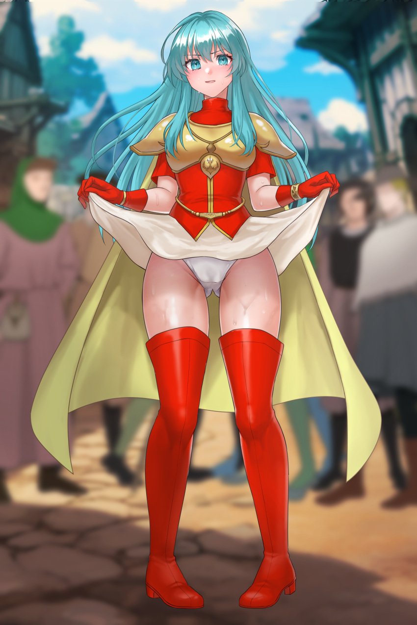 1girls absurdres angry aqua_eyes aqua_hair armor ass_visible_through_thighs blue_eyes blue_hair blurry blurry_background blush breastplate cameltoe cape clothes_lift depth_of_field eirika_(fire_emblem) female female_focus fire_emblem fire_emblem:_the_sacred_stones full-face_blush gloves groin hazuki_(nyorosuke) highres humiliation lifted_by_self nintendo outdoors panties people_in_background public public_exposure red_footwear red_gloves red_shirt red_thighhighs shirt short_sleeves skeb_commission skirt_lift solo_focus sweat thighhighs thighs turtleneck underwear upskirt white_panties white_skirt yellow_cape