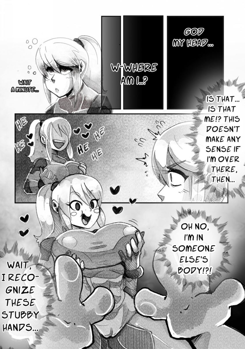 1boy 1girls black_and_white body_swap breasts comic dinosaur english_text female fondling_breast hearts human large_breasts male mario_(series) metroid nintendo onat onatart samus_aran speech_bubble super_smash_bros. text yoshi zero_suit zero_suit_samus