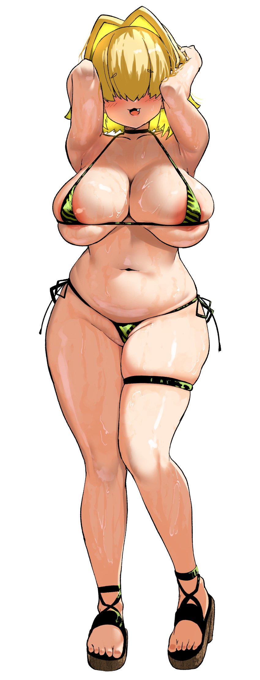 :3 :3d :d absurdres ahoge akure_ekuto areola_slip arms_up bikini blonde_hair blush breasts cute_fang elegg_(nikke) female full_body goddess_of_victory:_nikke hair_intakes hair_over_eyes highres large_breasts long_bangs multicolored_hair navel open_mouth short_hair side-tie_bikini_bottom skindentation smile solo string_bikini sweat swimsuit thigh_strap thighs two-tone_hair white_background