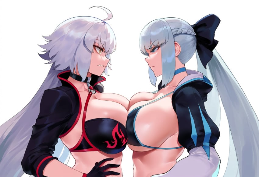 ahoge ai_generated angry big_breasts black_ribbon blue_eyes bra clenched_teeth fate/grand_order fate_(series) frown jeanne_alter jeanne_alter_(swimsuit_berserker) leo_over_heaven long_hair looking_at_another mad morgan_le_fay_(fate) swimsuit white_background white_hair yellow_eyes