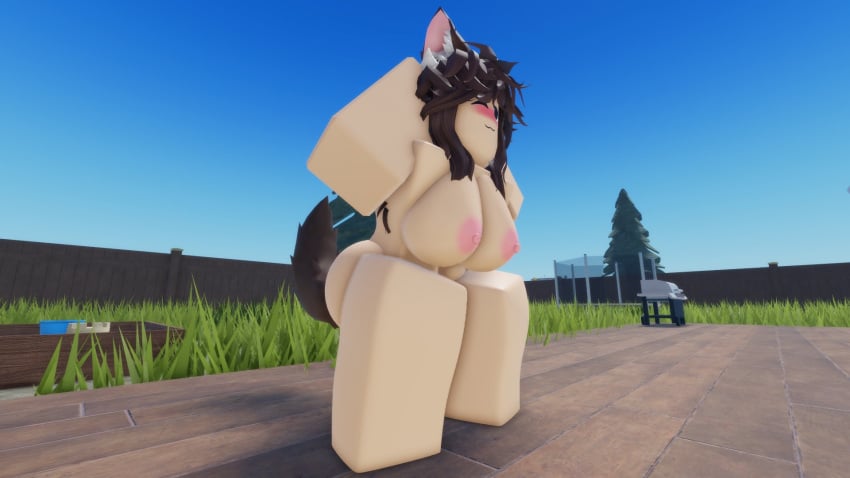 1girls 3d 3d_(artwork) ;3 animal_ears areolae arms_behind_head ass barefoot big_ass big_breasts blush breasts brown_hair completely_nude completely_nude_female female female_only full_body long_hair naked naked_female nipples nude nude_female one_eye_closed outdoors outside roblox robloxian smile solo solo_female squatting tail that_rel wink