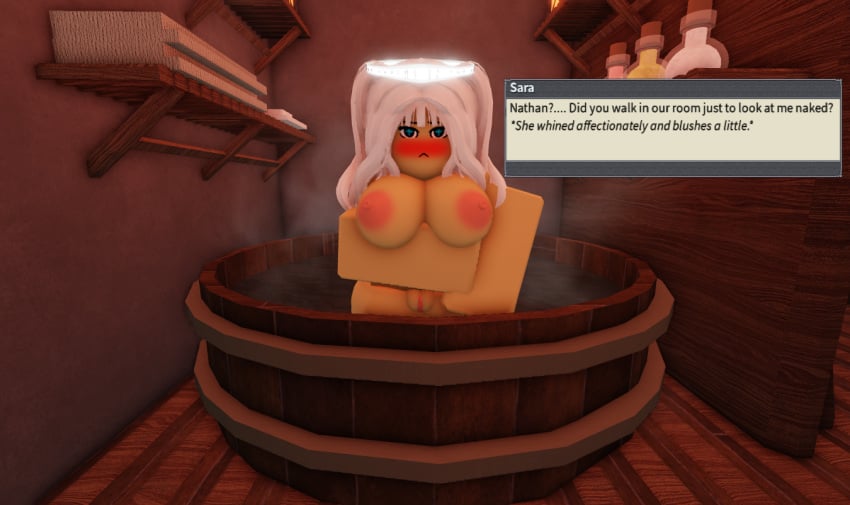 1girls 3d angel_halo bathtub big_breasts blushing breasts deepwoken female_only lightborn_(deepwoken) naked_in_tub original_character roblox roblox_game robloxian standing_in_water tagme tagme_(artist) tub white_hair