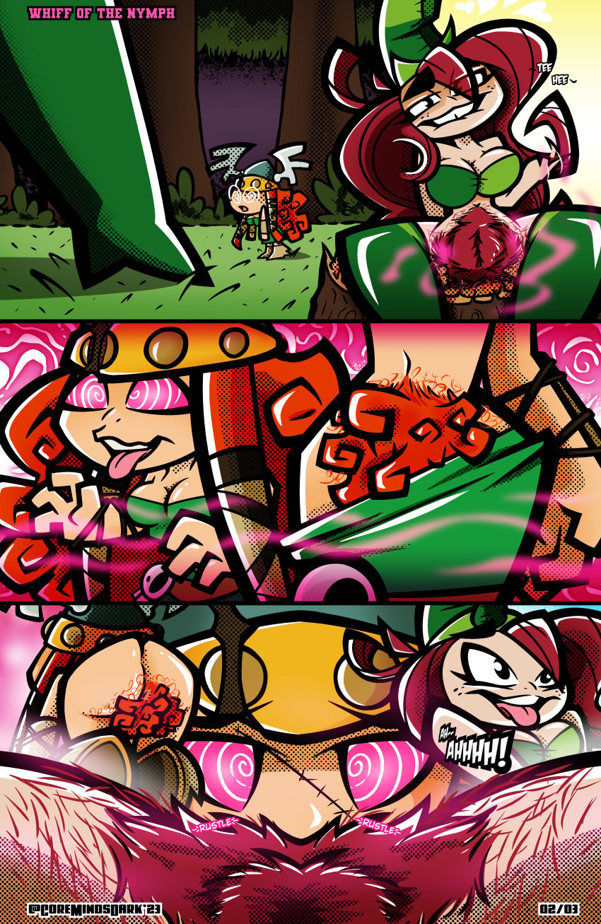 barbara_(rayman) betilla_(rayman) comic comic_page coremindsdark cunnilingus excessive_pubic_hair female female_only hairy hairy_pussy hirsuite hypnosis long_hair mind_control musk nymph_(rayman) page_2 page_number pubes rayman_(series) rayman_legends rayman_origins red_hair sequence smell_fetish stripping yuri