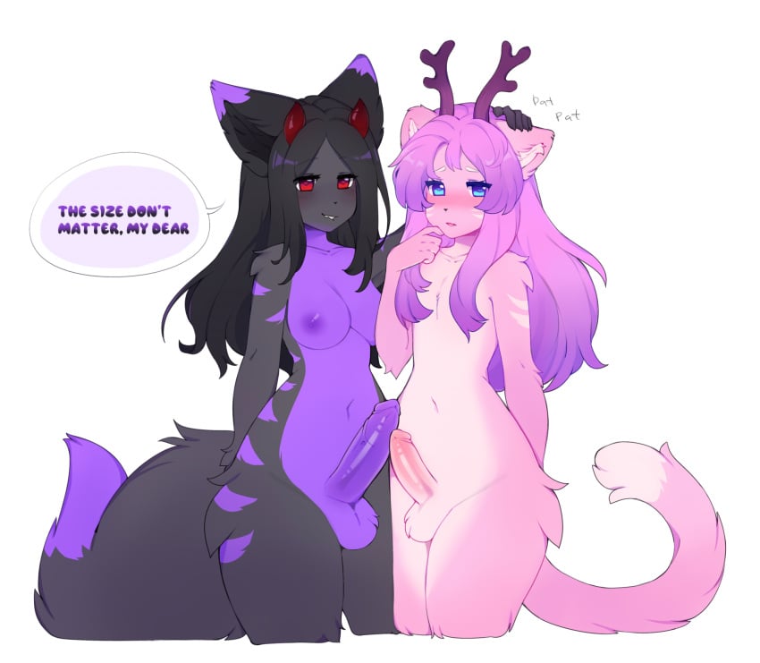 1boy 1futa 2023 anthro antlers balls big_penis blush breasts canid canine dialogue domestic_cat duo english_text erection felid feline felis femboy feminine_male fox fur furry futa_is_bigger futa_with_male futanari genitals girly gynomorph gynomorph/male hair head_pat hi_res horn intersex intersex/male katsucoffee long_hair male mammal nipples nude penis penis_size_difference simple_background speech_bubble tail text vein veiny_penis white_background