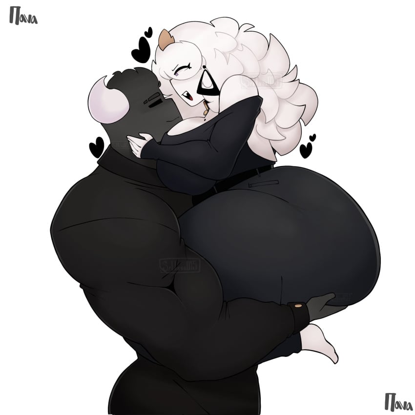 ass being_held big_ass big_breasts big_earrings black_hearts black_skin breasts earrings female hair horns kay_(srnava) large_earrings long_hair male srnava suit thick_ass thick_breasts thick_thighs thighs white_background white_hair wholesome