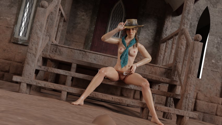 3d artist_request breasts cowboy_hat cowgirl gun_belt looking_at_viewer neckerchief practically_nude red_dead_redemption_(series) red_dead_redemption_2 rockstar_games sadie_adler small_breasts solo spread_legs western