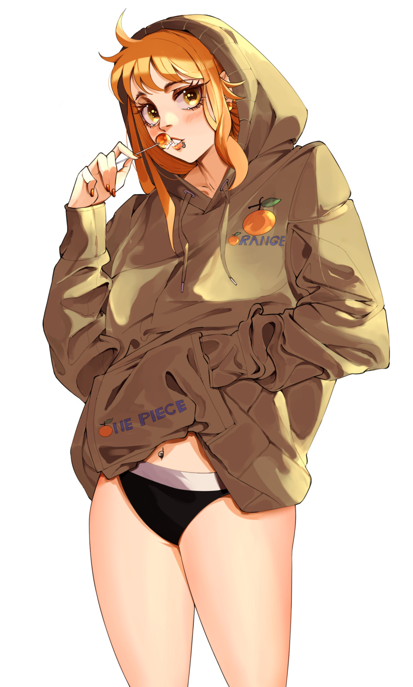 bangs black_panties blonde_hair blush candy clothing eating female female_only food hand_in_pocket holding holding_candy holding_food holding_lollipop hood hood_down hood_up hoodie jobin_chan lollipop long_hair long_sleeves looking_at_viewer medium_hair nail_polish nami nami_(one_piece) navel no_pants one_piece orange_eyes orange_hair pantsu piercing post-timeskip simple_background solo underwear white_background