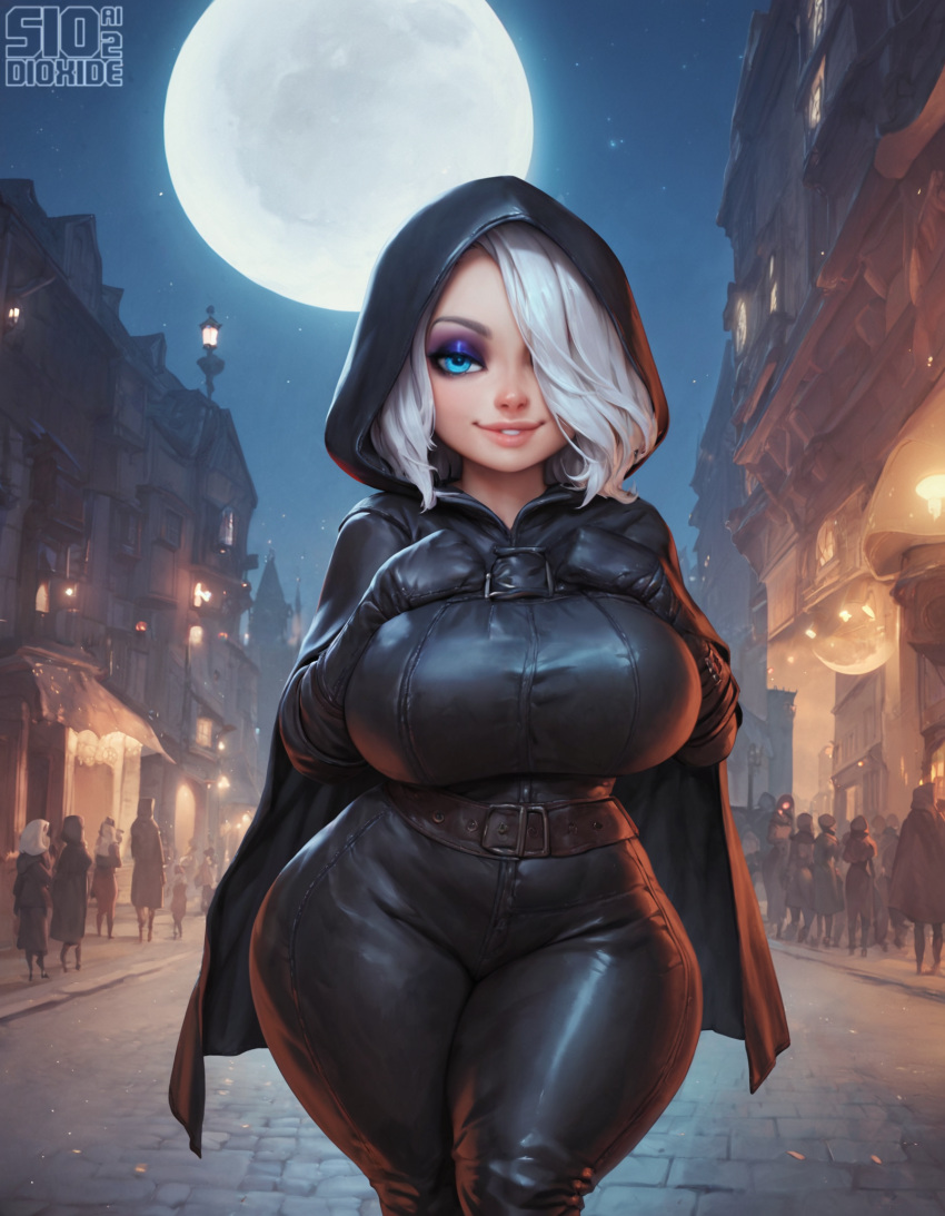 ai_generated belt belt_buckle black_gloves blue_eyes bodysuit breasts buckle cape city cloak curvy dioxide eyeliner eyeshadow female full_moon gloves hair_over_one_eye hands_on_own_chest hood hood_up huge_breasts lamppost leather lips looking_at_viewer makeup moon night night_sky outdoors pants parted_lips short_hair shortstack sky smile solo_focus starry_sky thick_thighs thighs white_hair wide_hips