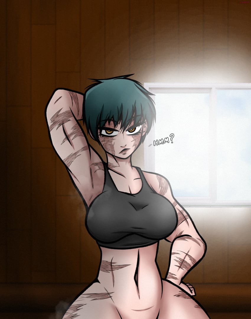 1girls 2024 absurd_res armpits bottomless female female_focus female_only green_hair jujutsu_kaisen provocative scar short_hair tank_top tomboy wide_hips yellow_eyes zenin_maki zirot