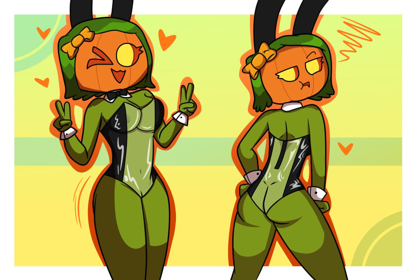 annoyed_expression ass ass_focus big_ass big_breasts bow breasts bunny_suit bunnysuit butt_crack female female_only green_hair gris_bunnysuit happy heart jack-o'-lantern jacqueline_(monster_prom) monster_camp monster_prom monster_roadtrip nipples pumpkin pumpkin_head pussy simple_background time_jester_(artist) vagina