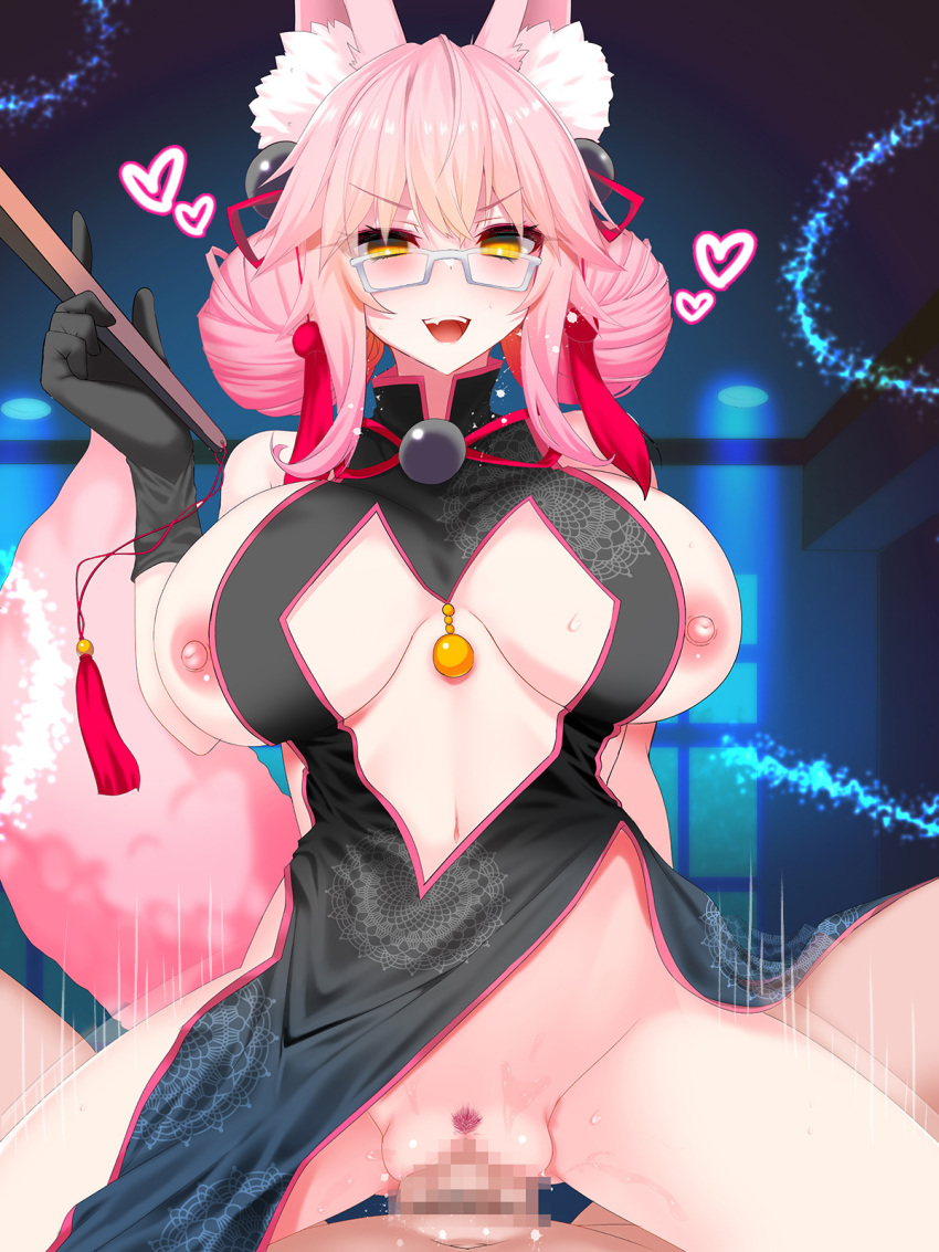 1boy 1boy1girl 1girls animal_ear_fluff animal_ears animal_tail areolae belly_button breasts censored clothed eyeshadow fate/grand_order fate_(series) female_focus female_pubic_hair fox_ears fox_girl fox_tail glasses gloves hand_fan heart koyanskaya_(chinese_lostbelt_outfit) koyanskaya_(fate) large_breasts navel nipples okuri_banto open_mouth penetration penis penis_in_pussy pink_hair pubic_hair pussy revealing_clothes sex solo_focus spread_legs tassel thighs vaginal_penetration yellow_eyes