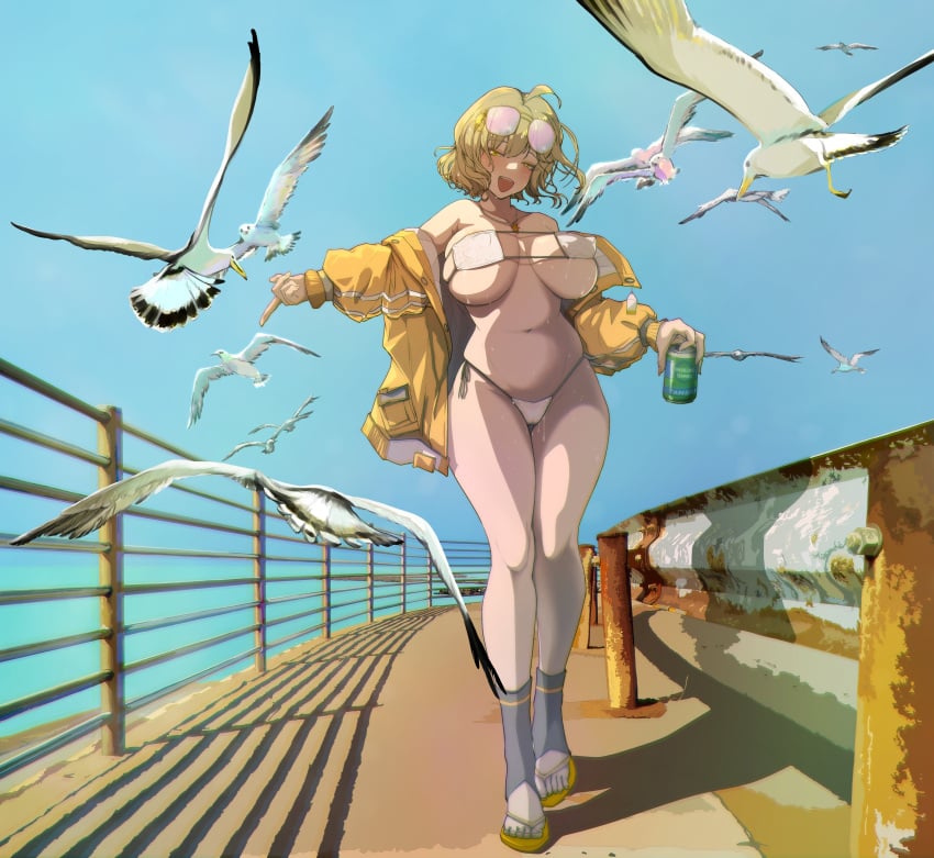 1girls ahoge anis_(nikke) anis_(sparkling_summer)_(nikke) beach belly_button bikini blonde_hair blush cameltoe cleavage eyepatch_bikini female_only goddess_of_victory:_nikke ichido_lamb0141 large_breasts open_mouth smiling sunglasses_on_head sweat upper_teeth yellow_eyes 表点家壱度