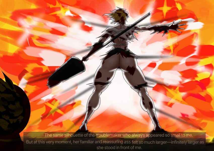 barthone blonde_hair bottom_heavy caption damaged_clothes dante_(limbus_company) destroyed_clothing don_quixote_(limbus_company) don_quixote_(project_moon) female fit fit_female from_behind huge_ass ineffective_clothing lance large_ass limbus_company meme muscular muscular_female panties parody project_moon rags rear_view tattered_clothing thick_thighs wide_hips