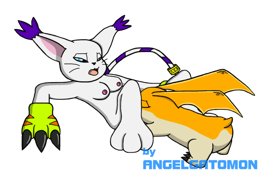 angelgatomon_(artist) black_nose blue_eyes breasts color cunnilingus digimon exposed_breasts female fur furry furry_breasts furry_ears furry_tail gatomon glove interspecies nipples open_eyes open_mouth oral patamon paw pink_nipples pointy_ears sexless tail white_fur