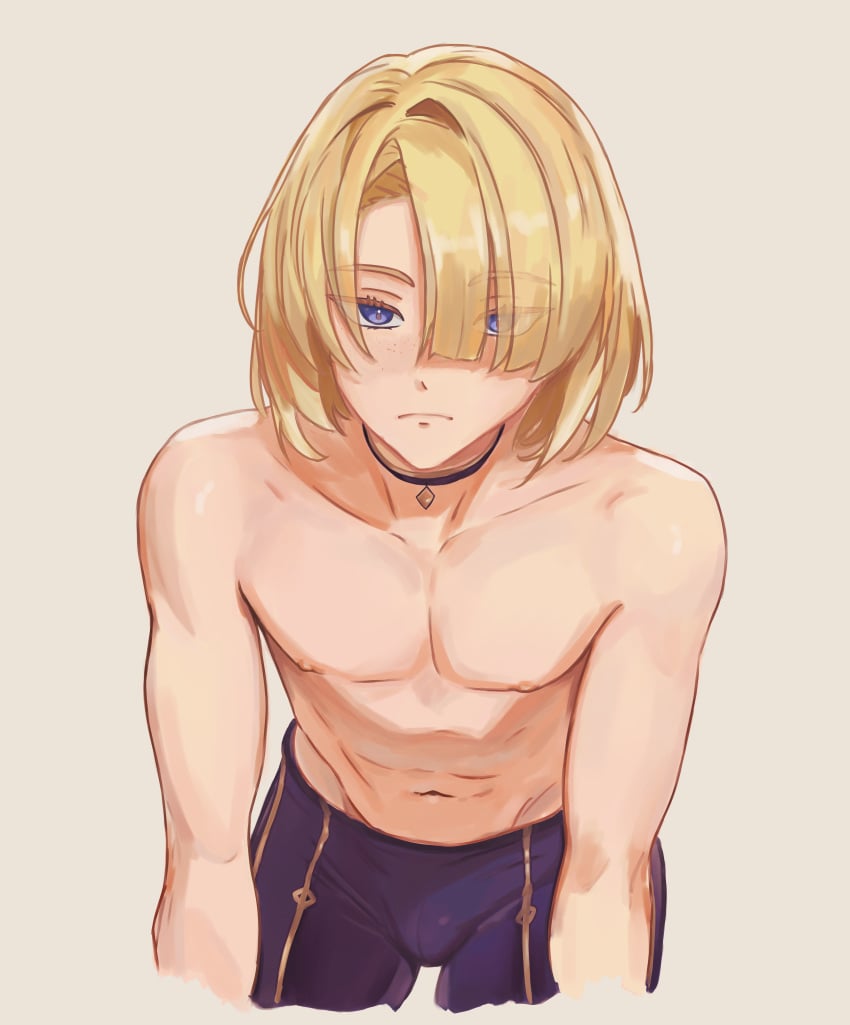 1boy 2d 2d_(artwork) arupi blonde_hair blonde_hair_blue_eyes blonde_hair_male blonde_male bulge choker eye_visible_through_hair eyebrows_visible_through_hair freminet_(genshin_impact) genshin_impact lean_muscle light-skinned_male light_skin looking_at_viewer male male_only muscular nipples simple_background solo solo_male topless_male video_game_character video_game_franchise