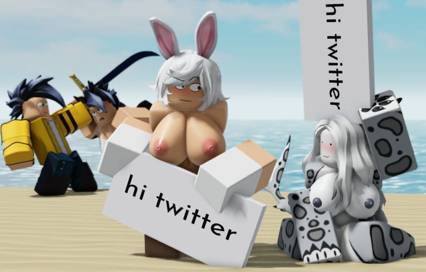 1boy 3d 3girls beach breasts combat_warriors demi_human kemonomimi nipples roblox roblox_game robloxian shark shark_girl sign sull_rr34 sword tagme