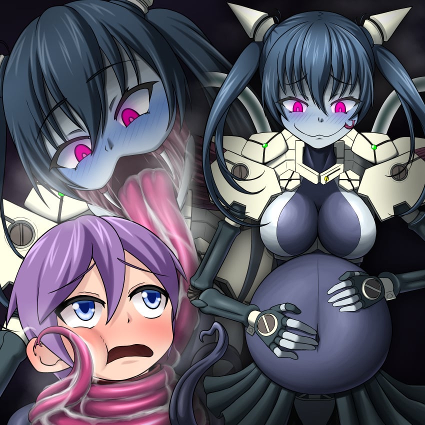 belly_expansion big_belly big_breasts blue_hair catgirl cleavage cyborg gint=ktouka glowing_eyes lamiaroid lamiaroid_(mon-musu_quest!) licking_face luka_(mon-musu_quest!) luka_(monster_girl_quest) mawshot mon-musu_quest! monster_girl monster_girl_quest open_mouth pale_skin purple_hair short_hair size_difference smug snake_tongue stomach_bulge tagme twintails vore vore_belly