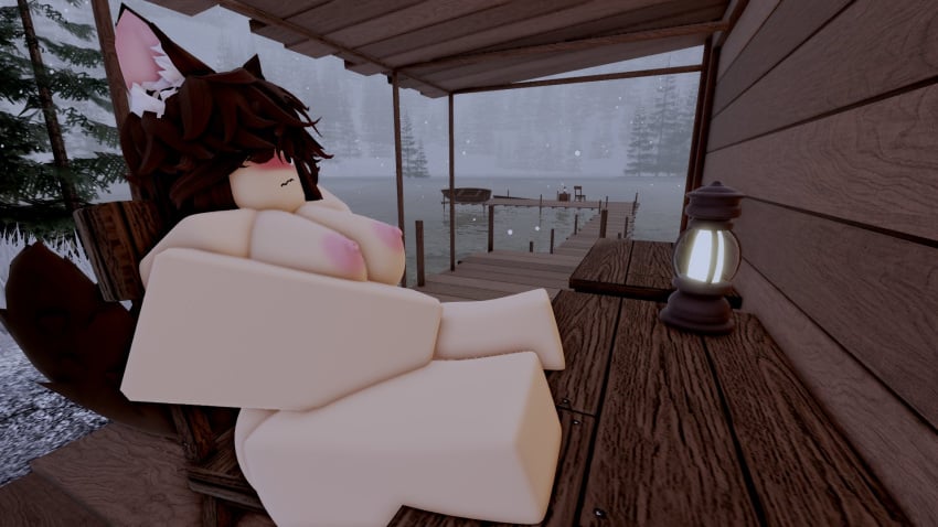 1girls 3d 3d_(artwork) animal_ears areolae barefoot big_breasts blush breasts brown_hair chair cold completely_nude completely_nude_female female female_only full_body long_hair masturbation naked naked_female nipples nude nude_female one_eye_closed roblox robloxian sitting sitting_on_chair snow solo solo_female tail that_rel