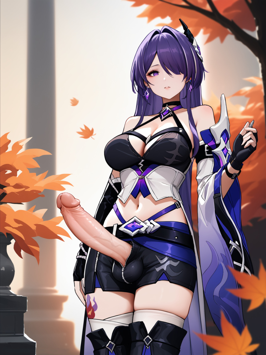 1futa acheron_(honkai:_star_rail) ai_generated asymmetrical_clothes autumn autumn_leaves belt big_breasts cleavage covered_testicles crop_top erection esendor fingerless_gloves futa_only futanari hair_over_one_eye honkai:_star_rail huge_cock huge_cock knee_boots long_hair outdoors purple_eyes purple_hair shorts stable_diffusion standing tattoo trees unzipped_pants