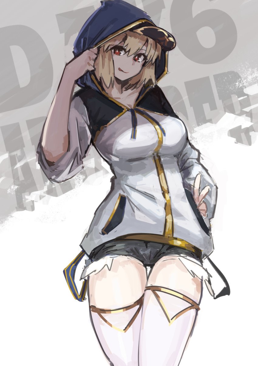 1girls alternate_costume arcueid_brunestud big_breasts blonde_hair cap curvy curvy_figure hat hoodie huge_breasts jonyeld melty_blood minishorts plump posing red_eyes shorts smile tagme thick_thighs thighhighs top_heavy tsukihime type-moon