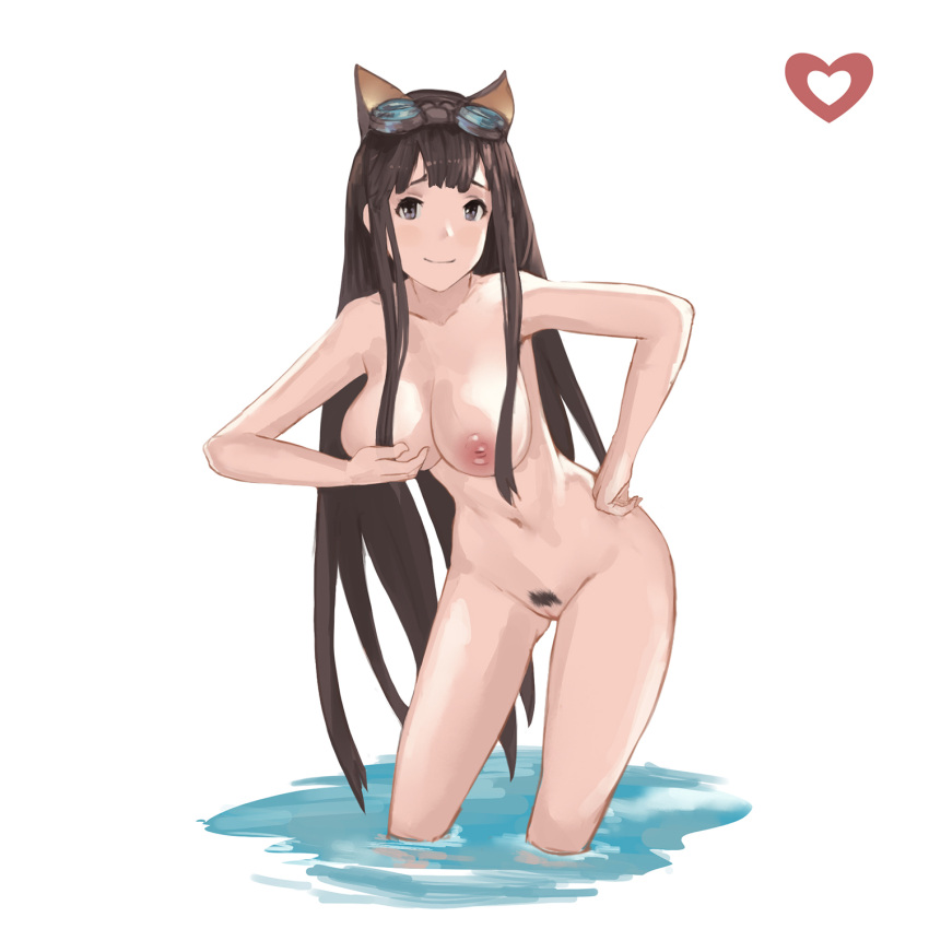 1girls artist_logo big_breasts black_hair black_pubic_hair breasts clavicle completely_nude covering_one_breast female female_only female_pubic_hair goggles goggles_on_head granblue_fantasy grey_eyes hand_on_hip heart hips iiros jessica_(granblue_fantasy) large_breasts legs long_hair looking_at_viewer navel nipples nude pubic_hair shiny_hair shiny_skin simple_background smile solo thighs very_long_hair water