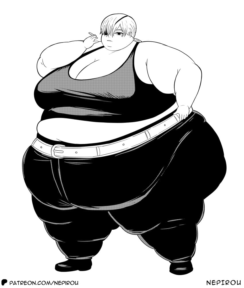 1girls bbw belt black_and_white canon_lesbian chainsaw_man cigarette expressionless_face eyepatch fat_arms morbidly_obese_female nepirou obese obese_female overweight quanxi_(chainsaw_man) very_fat_legs