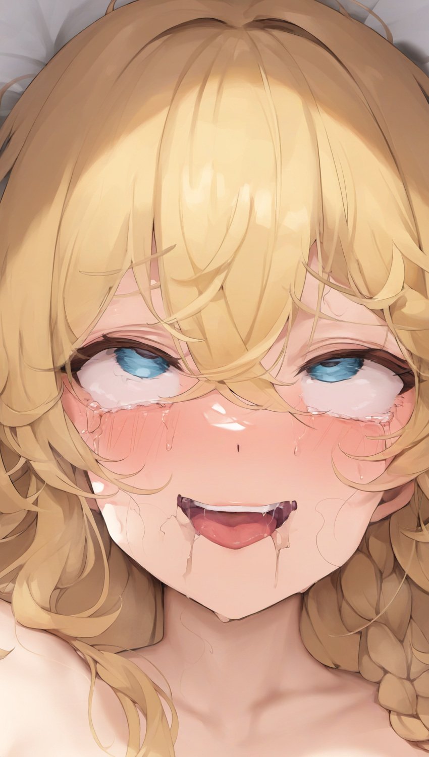 1girls ahe_gao ai_generated blonde_hair blue_eyes blush braid cleavage close-up female_only goddess_of_victory:_nikke hair_between_eyes implied_sex nude nude_female open_mouth orgasm rolling_eyes saliva tears tongue_out tove_(nikke) upper_teeth