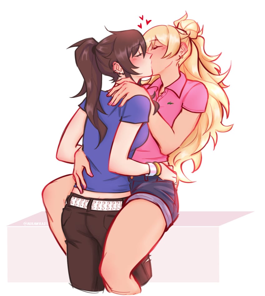 2girls aurawra21 black_hair blonde_hair blush blushing_female class_of_'09 closed_eyes couple couple_(romantic) earrings ears_pierced female female/female female_only hand_on_hip hand_on_shoulder hand_on_waist hearts holding_close jecka_(class_of_'09) kissing lesbian_couple nicole_(class_of_'09) pink_fingernail_polish pink_fingernails red_hearts romantic romantic_couple wholesome yuri