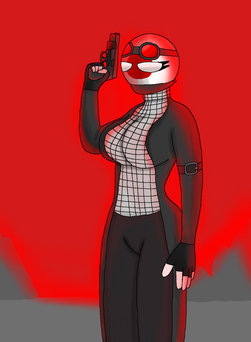 1girls bandana coat countryhumans countryhumans_girl female female_only fingerless_gloves firearm goggles goggles_on_forehead goggles_on_head gun japan_(countryhumans) madness_combat seregamecta weapon