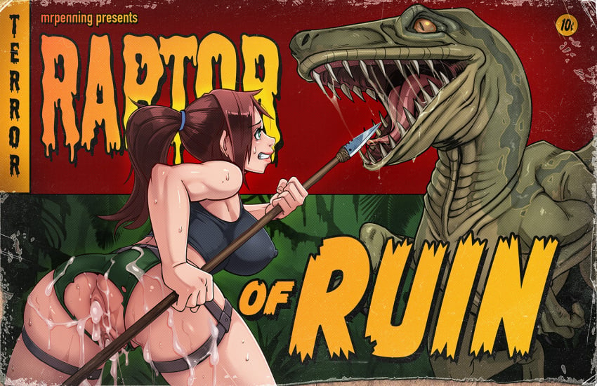 2023 after_rape after_sex ass black_clothing black_shirt black_tank_top black_topwear bodily_fluids bottomwear breasts brown_hair clothing comic cover cover_art cover_page cum cum_in_ass cum_in_pussy cum_inside cum_on_butt dinosaur dromaeosaurid duo english_text female feral forced genital_fluids hair human interspecies lara_croft lara_croft_(survivor) leaking_cum male male/female mammal melee_weapon mrpenning muscular muscular_female polearm ponytail rape reptile scalie sharp_teeth shirt shorts spear tank_top teeth text theropod tomb_raider tomb_raider_(survivor) topwear torn_bottomwear torn_clothing torn_shorts velociraptor weapon zoophilia