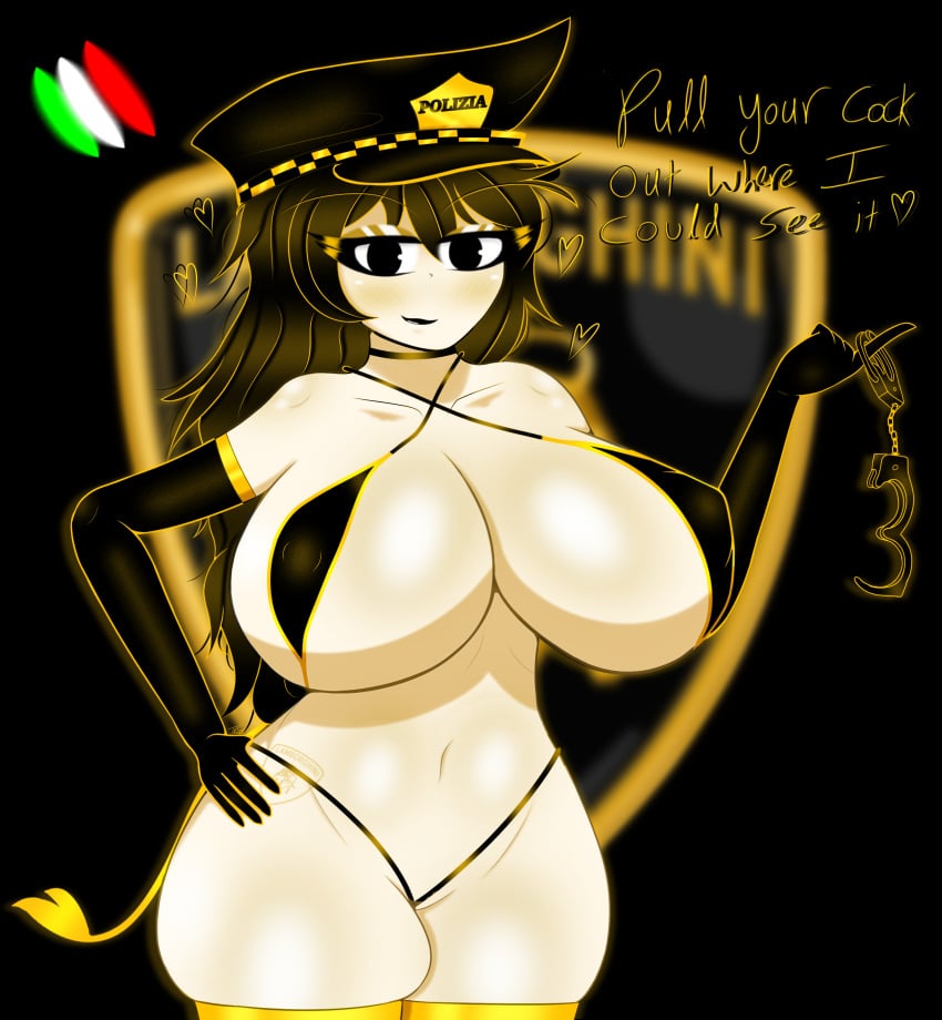 4k almost_naked armwear ass big_breasts black_hair blurry_background breasts breasts_bigger_than_head bull busty character_request choker closed_eyes gothtrishy hand_on_hip handcuffs hat horny horny_female huge_breasts lamborghini legwear long_hair looking_at_viewer lucia_(oc) lucille_(oc) messy_hair micro_bikini milkers oc open_mouth original original_character police police_hat proud seductive seductive_look shiny shiny_breasts shiny_clothes shiny_hair shiny_skin squish squished_breasts squishy tail tattoo text thick_ass thick_thighs thighhighs thighs