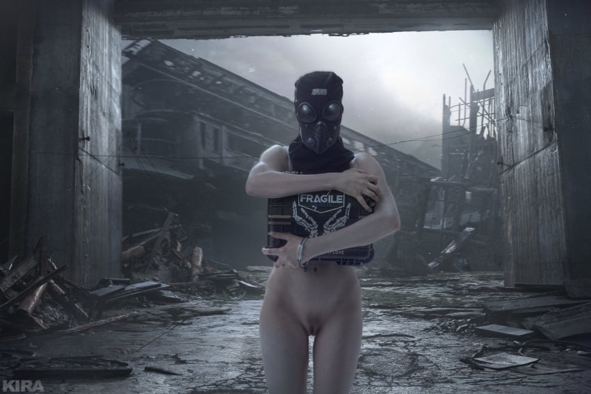 ai_assisted ai_generated covering_breasts death_stranding exposed_pussy face_covered female fragile_(death_stranding) lea_seydoux nude_female raining standing wet_body