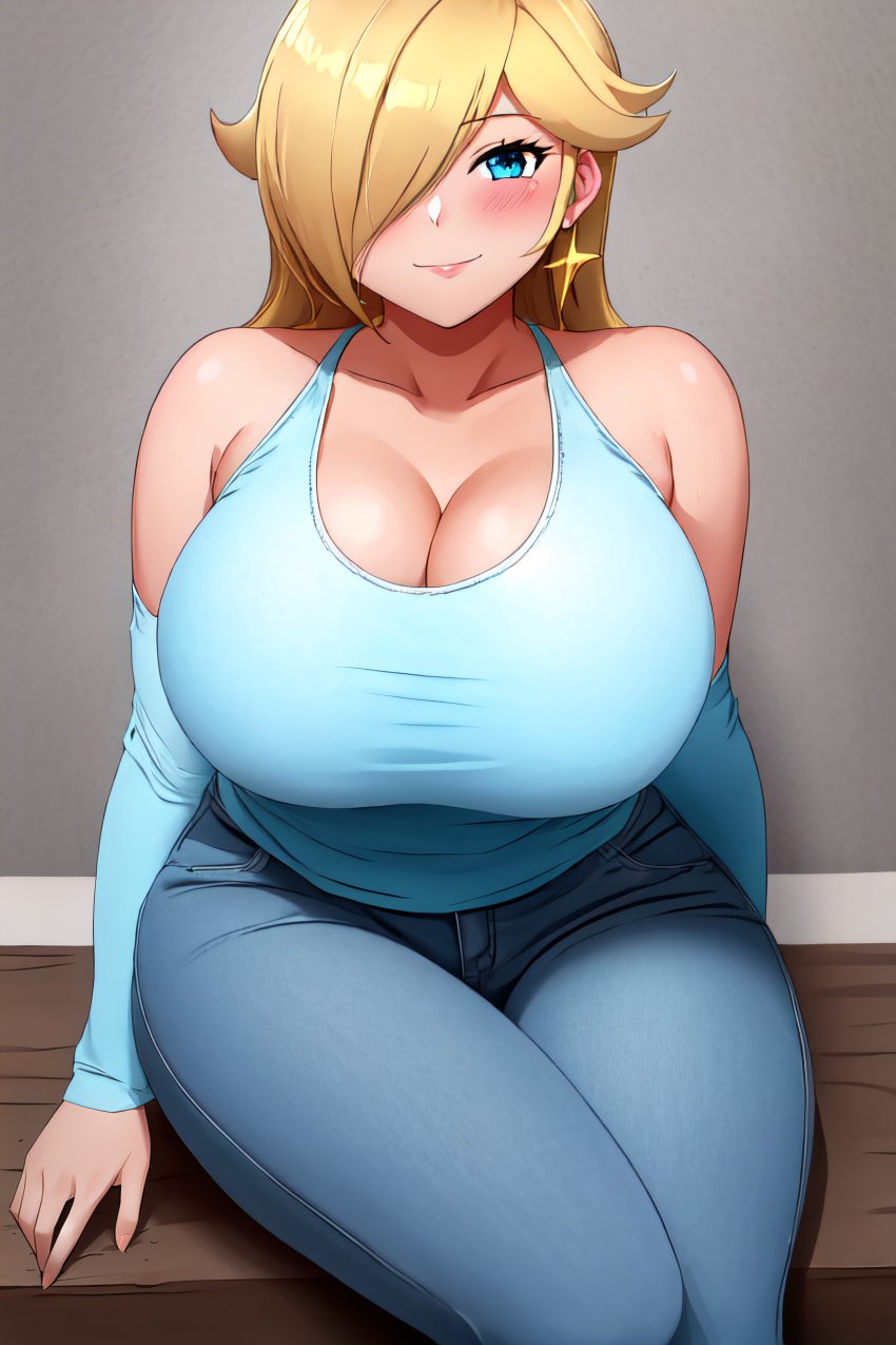 ai_generated arms_at_sides big_breasts blue_jeans blush busty cleavage closed_legs curvy denim_jeans female female female_only front_view hi_res highres huge_breasts jeans legs_together mario_(series) nintendo princess_rosalina seraphim_ai sitting smile solo stable_diffusion tight_jeans