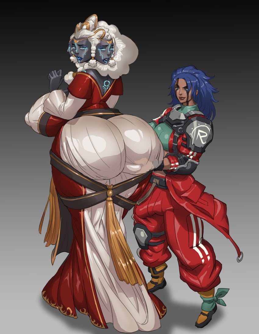 1futa 1girls 3_faces 69_(artist) balls big_breasts breasts bulge character_request clothed clothing curvy dark-skinned_futanari dark_skin duo erection_under_clothes female fully_clothed futanari huge_ass huge_breasts human humanoid large_breasts marshviolet8 multi_face original penis standing thick_thighs voluptuous wide_hips