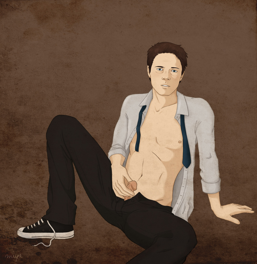 1boy actor angel artist_signature bara blue_eyes brown_hair castiel castiel_(supernatural) celebrity clothed handjob light_skin looking_at_viewer male male_only masturbation misha_collins nipples open_shirt pants pants_open penis penis_grab penis_out shirt shoes sitting solo solo_male spread_legs supernatural supernatural_(series) tagme tie uncensored