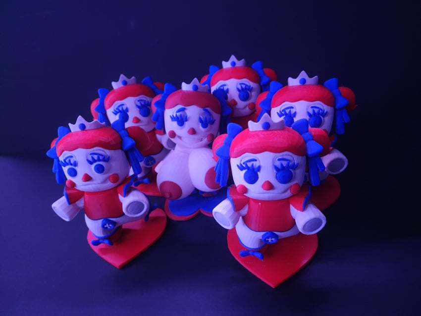 3d_print big_breasts big_nipples black_background blue_eyes blue_lighting bow bow_in_front bow_in_hair bow_on_head bow_ribbon circus_baby circus_baby_(fnaf) clown crown cute cute_face doll figurine five_nights_at_freddy's huge_breasts justaperson justaperson3000 large_areolae large_breasts massive_breasts orange_hair plush plush_baby plush_princess_(justaperson) plushie plushophilia red_hair red_nipples red_shirt red_shoes white_skin