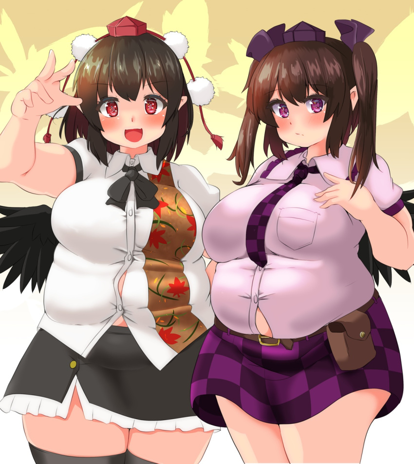 bbw belly_overhang big_belly big_female black_hair blush blush brown_hair chubby chubby_female embarrassed fat fat_ass fat_female fat_fetish fat_girl fat_woman fatty hatate_himekaidou large_female nerizou obese obese_female overweight overweight_female pig plump pork_chop pudgy_belly shameimaru_aya tengu thick_thighs tight_clothes tight_clothing tight_fit touhou tubby weight_gain