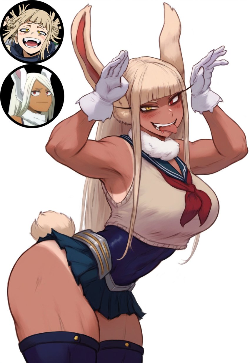 1girls ai_generated arched_back big_breasts blonde_hair blood blunt_bangs bunny_girl curvy dirty_blonde_hair fangs fusion fusion_character gloves gyaru heterochromia himiko_toga krystalizedart large_breasts leotard long_hair looking_at_viewer miruko muscular muscular_female my_hero_academia narrow_waist rabbit rabbit_ears rabbit_pose red_eyes sailor_collar smile solo solo_focus straight_bangs straight_hair tan tan_body thick_thighs thighhighs tight_clothing tongue tongue_out white_background yellow_eyes