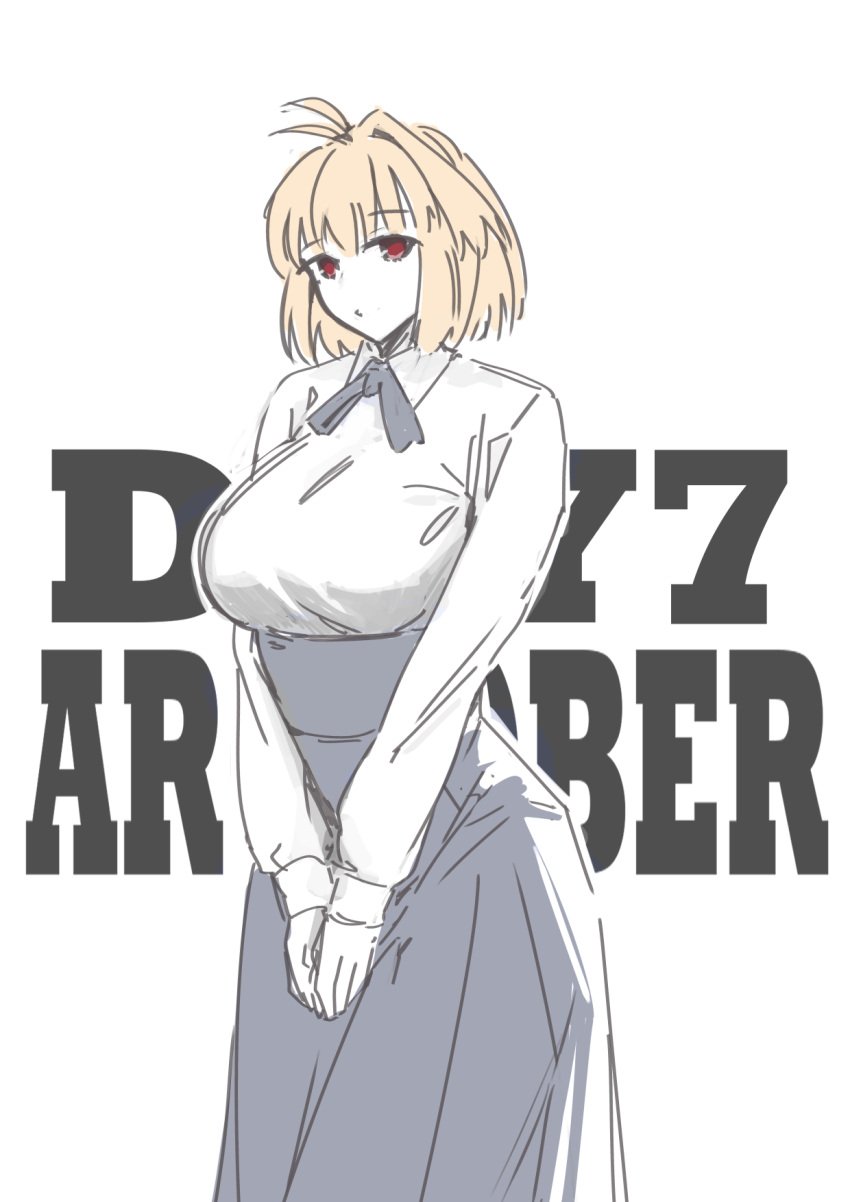 1girls alternate_costume arcueid_brunestud artoria_pendragon_(cosplay) big_breasts blonde_hair blue_bow blue_skirt breasts collared_shirt cosplay curvy curvy_figure fate/stay_night fate_(series) jonyeld melty_blood posing red_eyes saber skirt smile thick thick_thighs top_heavy tsukihime type-moon wide_hips