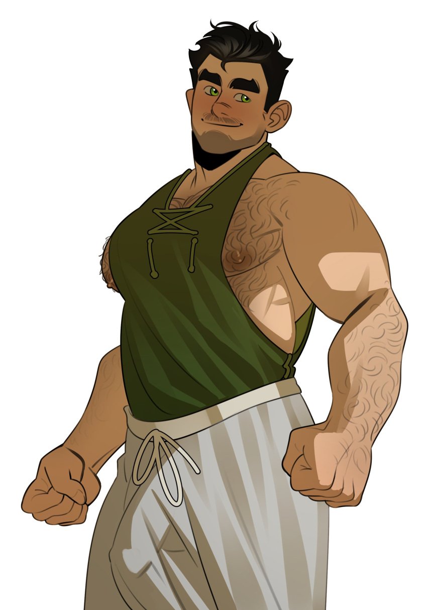 1boy ahoi_ag avatar_legends bara beard black_hair bolin bulge clothing green_eyes hairy_chest male male_nipples male_only muscular_male nickelodeon nipples penis_outline sweatpants the_legend_of_korra