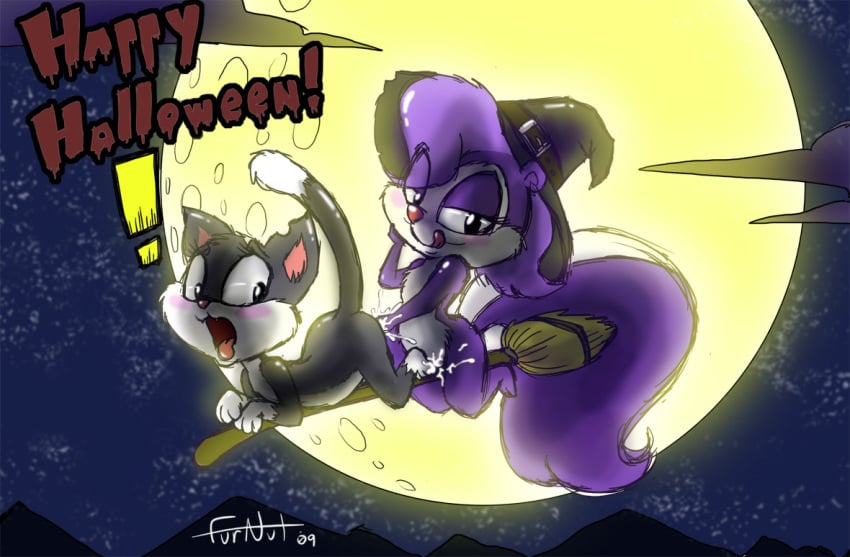 2009 animaniacs broom cat feline female fifi_la_fume flying fur furnut mammal night outdoors purple_fur rita_(animaniacs) rita_and_runt skunk tagme tiny_toon_adventures