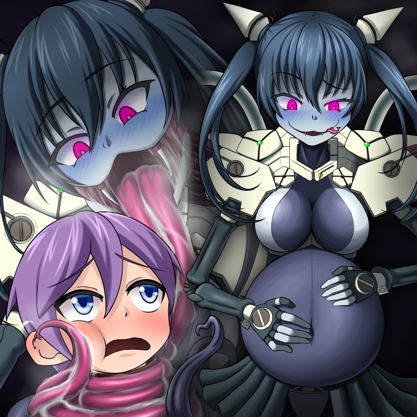 belly_expansion big_belly big_breasts blue_hair catgirl cleavage cyborg gint=ktouka glowing_eyes lamiaroid lamiaroid_(mon-musu_quest!) licking_face luka_(mon-musu_quest!) luka_(monster_girl_quest) mawshot mon-musu_quest! monster_girl monster_girl_quest open_mouth pale_skin purple_hair short_hair size_difference smug snake_tongue stomach_bulge tagme twintails vore vore_belly